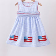 Blue flag smocked woven gingham dress