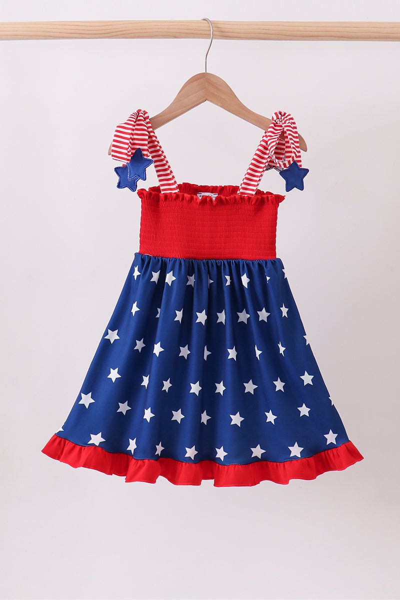 Blue Star Smocked Ruffle Dress — Girls' Patriotic Summer Dress - Little Janey Shop