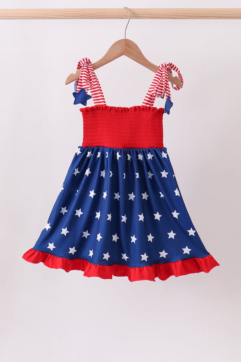 Blue Star Smocked Ruffle Dress — Girls' Patriotic Summer Dress - Little Janey Shop