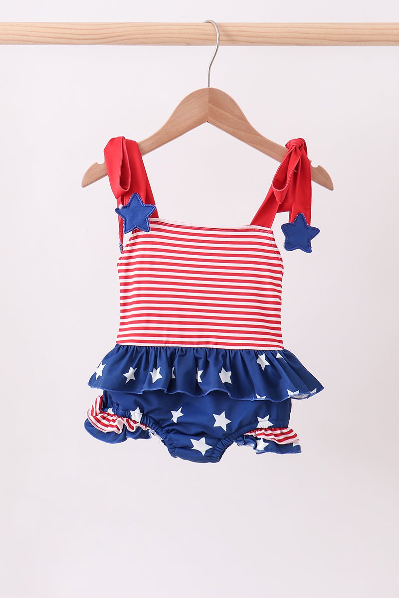Girls' Blue Star Stripe One - Piece Swimsuit – UPF 50+ | 12M–7Y - Little Janey Shop