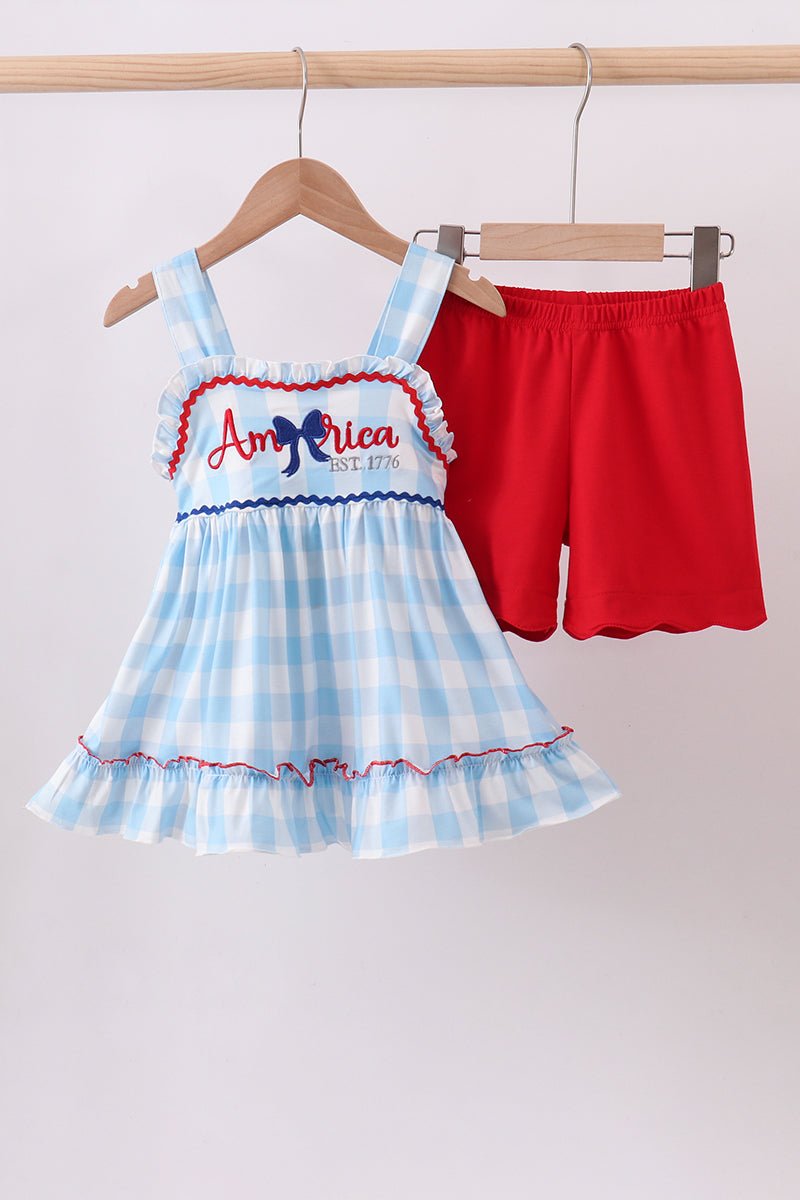 Blue America Embroidery Gingham Ruffle Shorts Set — Girls' Patriotic Outfit - Little Janey Shop