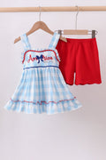 Blue America Embroidery Gingham Ruffle Shorts Set — Girls' Patriotic Outfit - Little Janey Shop
