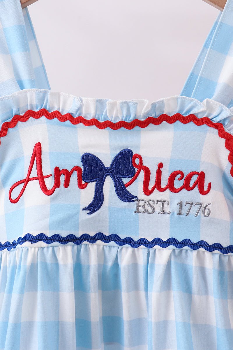Blue America Embroidery Gingham Ruffle Shorts Set — Girls' Patriotic Outfit - Little Janey Shop