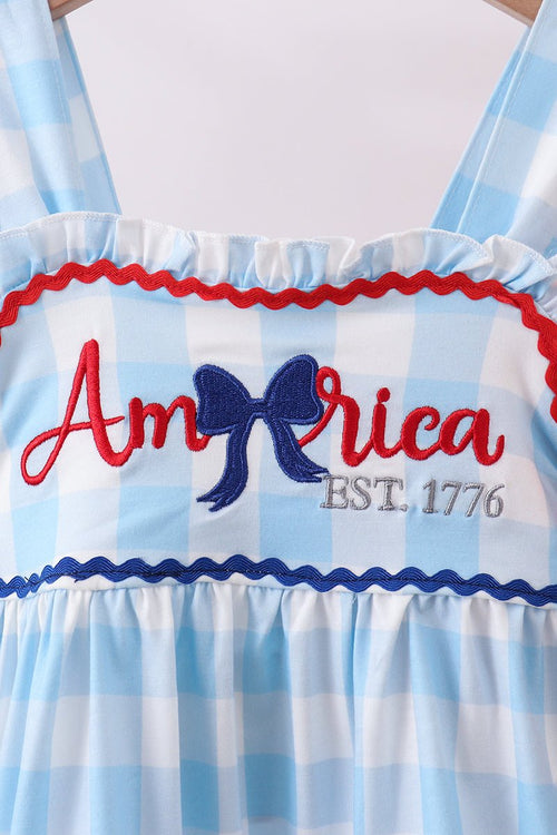 Blue America Embroidery Gingham Ruffle Shorts Set — Girls' Patriotic Outfit - Little Janey Shop