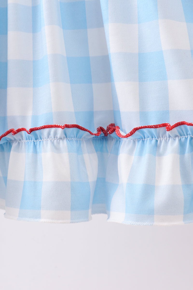 Blue America Embroidery Gingham Ruffle Shorts Set — Girls' Patriotic Outfit - Little Janey Shop