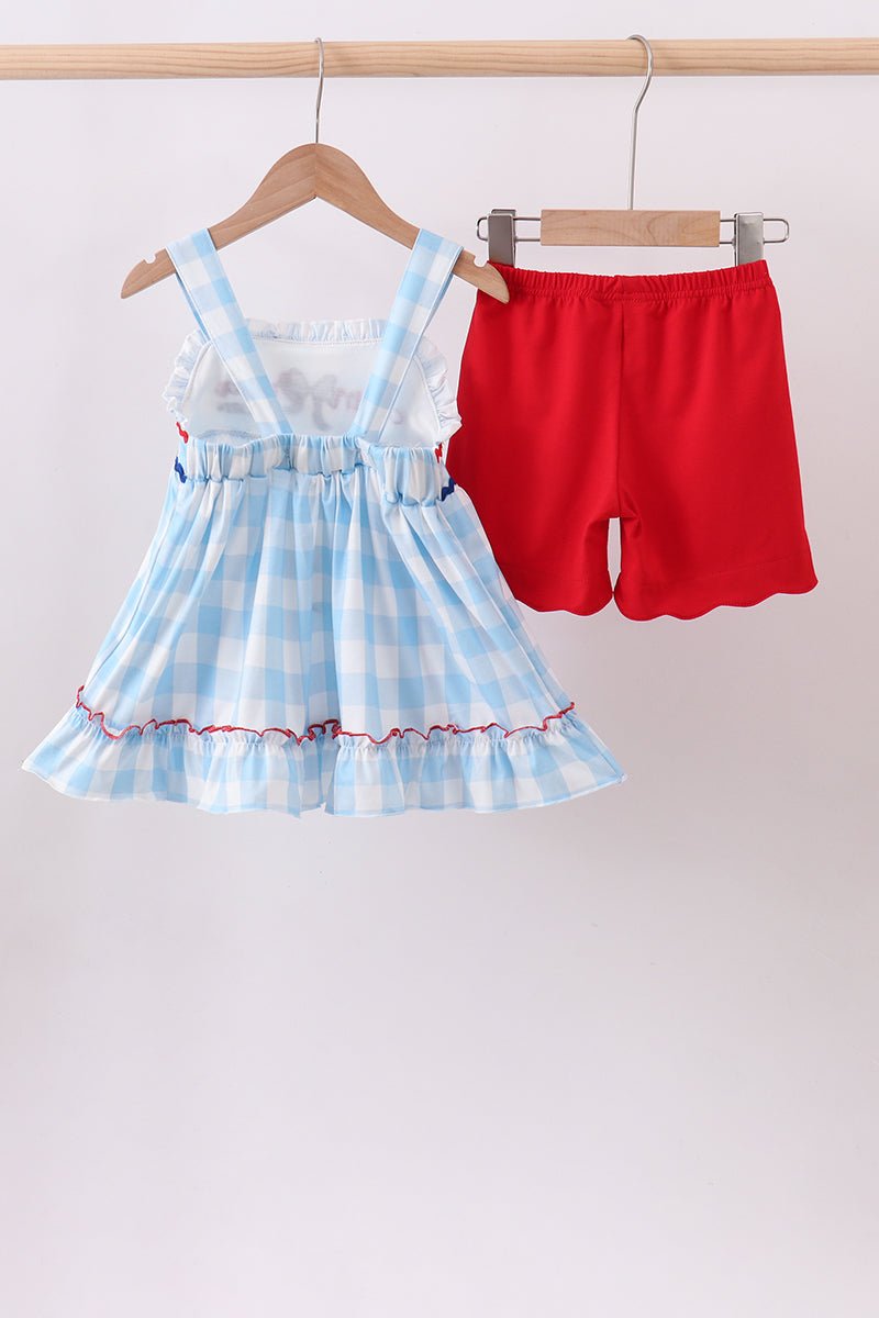 Blue America Embroidery Gingham Ruffle Shorts Set — Girls' Patriotic Outfit - Little Janey Shop