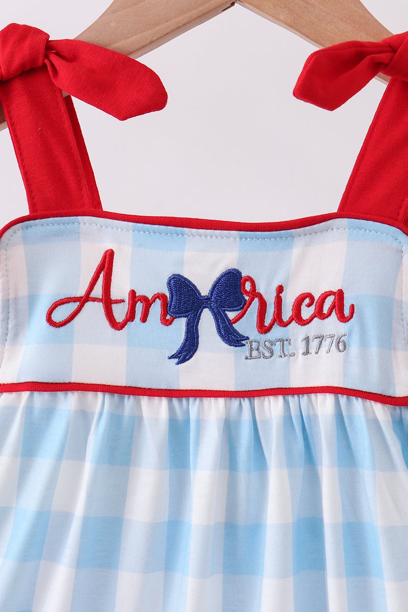 Girls Blue Gingham Ruffle Dress with America Embroidery – Toddler & Kids Sizes 2T–7Y - Little Janey Shop