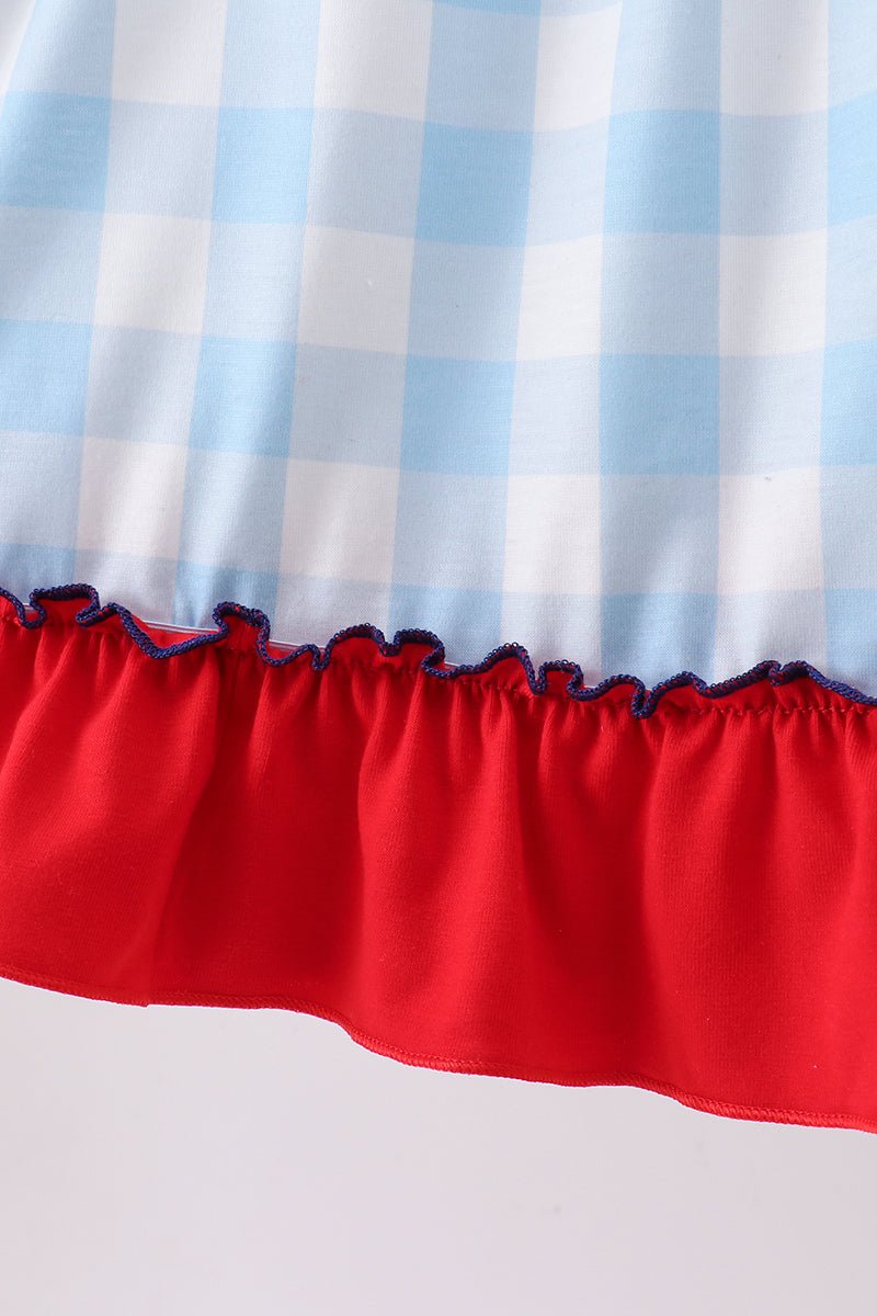 Girls Blue Gingham Ruffle Dress with America Embroidery – Toddler & Kids Sizes 2T–7Y - Little Janey Shop