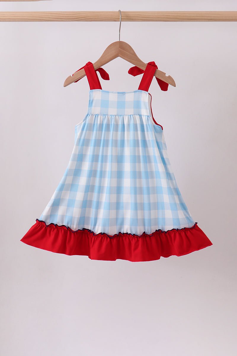 Girls Blue Gingham Ruffle Dress with America Embroidery – Toddler & Kids Sizes 2T–7Y - Little Janey Shop