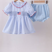 Blue flag smocked ruffle bloomer set