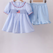Blue flag smocked ruffle shorts set