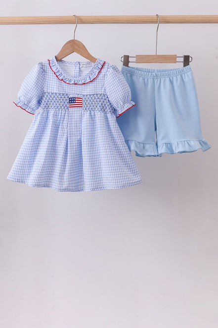 Blue flag smocked ruffle shorts set