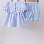 Blue flag smocked ruffle shorts set