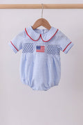Baby Girls' Blue Gingham Smocked Bubble – American Flag & Fireworks Detail, Peter Pan Collar, Fully Lined | 3M–18M - Little Janey Shop