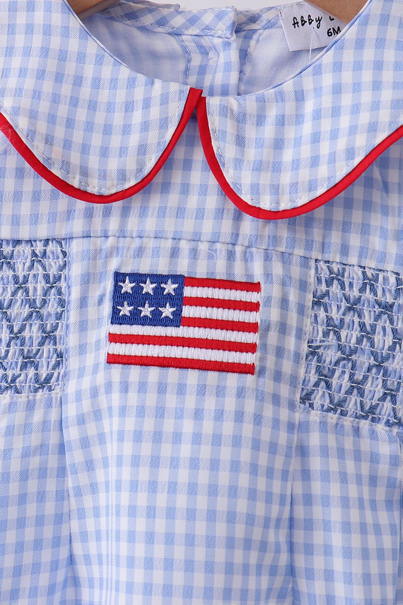 Baby Girls' Blue Gingham Smocked Bubble – American Flag & Fireworks Detail, Peter Pan Collar, Fully Lined | 3M–18M - Little Janey Shop