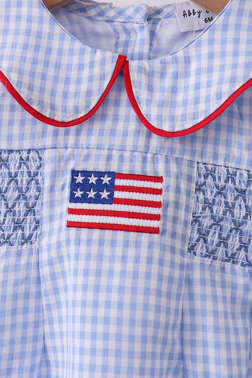 Baby Girls' Blue Gingham Smocked Bubble – American Flag & Fireworks Detail, Peter Pan Collar, Fully Lined | 3M–18M - Little Janey Shop