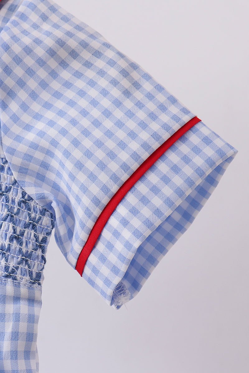 Baby Girls' Blue Gingham Smocked Bubble – American Flag & Fireworks Detail, Peter Pan Collar, Fully Lined | 3M–18M - Little Janey Shop