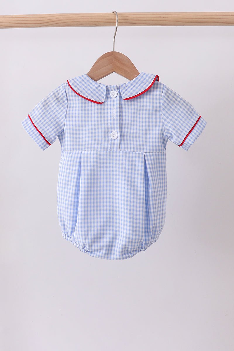 Baby Girls' Blue Gingham Smocked Bubble – American Flag & Fireworks Detail, Peter Pan Collar, Fully Lined | 3M–18M - Little Janey Shop
