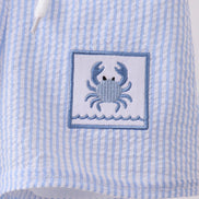 Blue stripe seersucker crab embroidery swim trunks