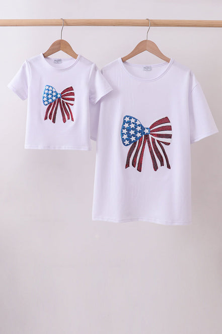 White bow sequin mom&me top
