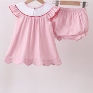 Pink fireworks flag smocked jacquard scalloped ruffle bloomer set
