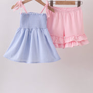 Blue Stripe Bow Smocked Seersucker Ruffle Shorts Set
