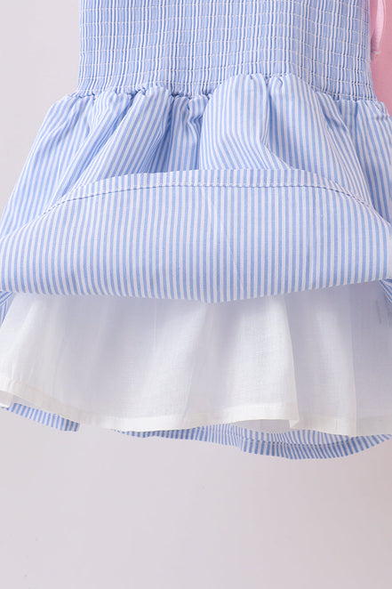 Blue Stripe Bow Smocked Seersucker Ruffle Shorts Set