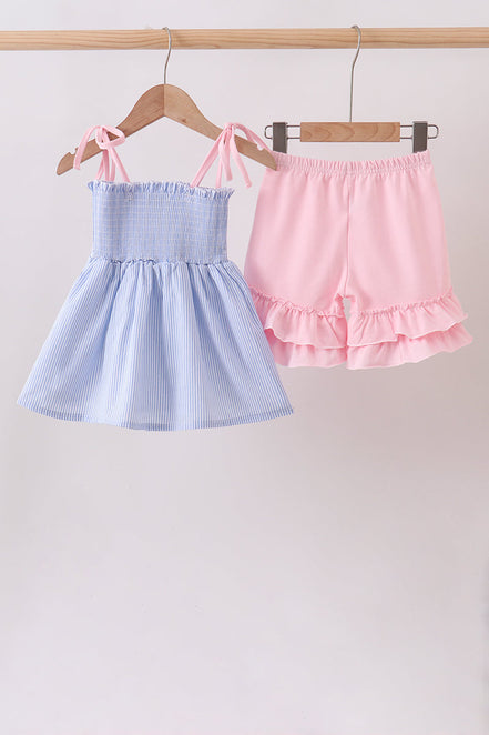 Blue Stripe Bow Smocked Seersucker Ruffle Shorts Set