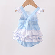 Blue Bow Smocked Embroidered Jacquard Bubble