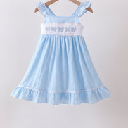 Blue Bow Smocked Embroidered Jacquard Dress