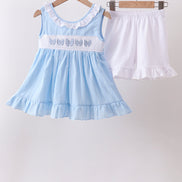Blue Bow Smocked Embroidered Jacquard Set