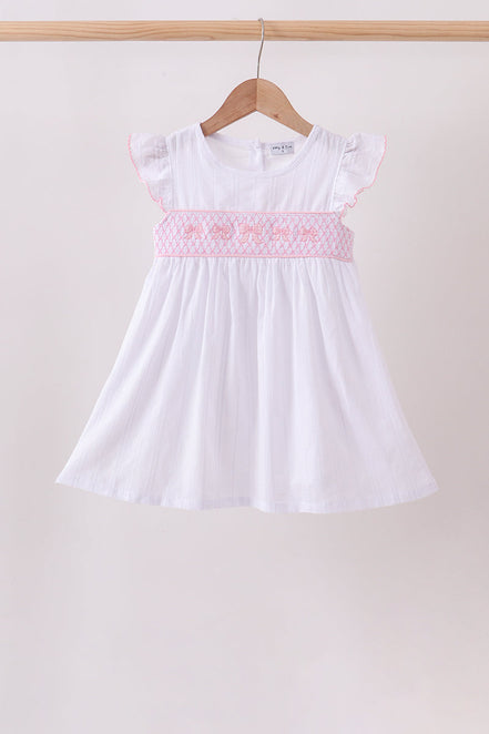 White Bow Smocked Jacquard Dress