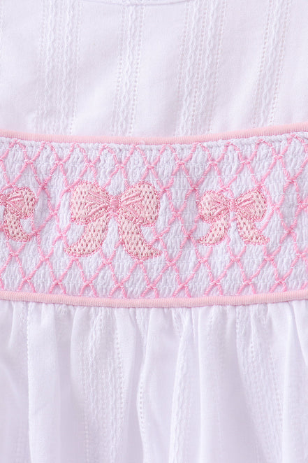 White Bow Smocked Jacquard Dress