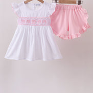 White Bow Smocked Jacquard Ruffle Shorts Set
