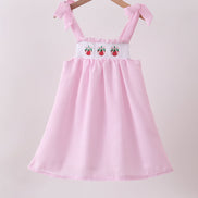 Pink stripe seersucker strawberry smocked dress