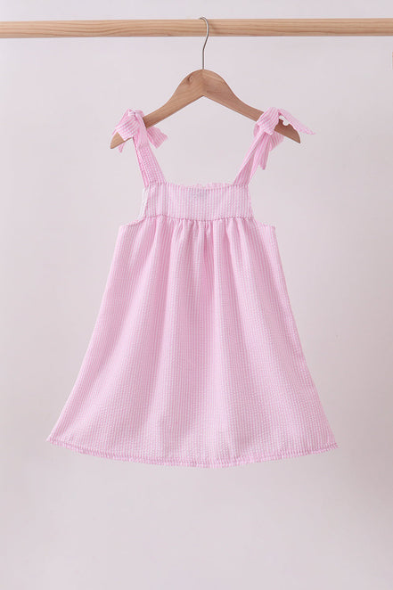 Pink stripe seersucker strawberry smocked dress