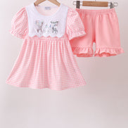 Pink Gingham Animal Embroidered Set