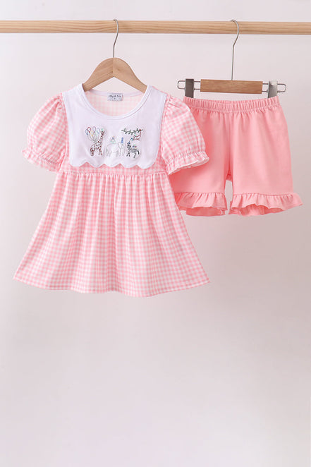 Pink Gingham Animal Embroidered Set