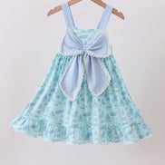 Blue beach print bow ruffle dress