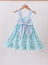 Blue beach print bow ruffle dress