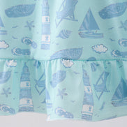 Blue beach print bow ruffle dress