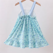 Blue beach print bow ruffle dress
