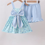 Blue beach print bow ruffle shorts set