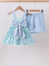 Blue beach print bow ruffle shorts set