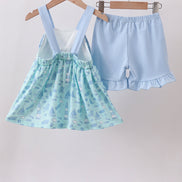 Blue beach print bow ruffle shorts set
