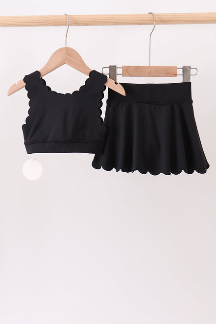 Black Scalloped Yoga Skorts Set