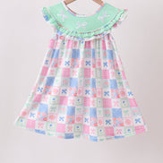 Green Bow Embroidered Checkered Dress