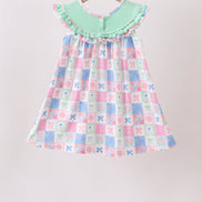 Green Bow Embroidered Checkered Dress