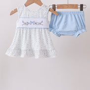 Blue Floral Smocked Ruffle Bloomer Set