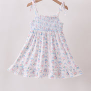 Blue Floral Smocked Ruffle Dress